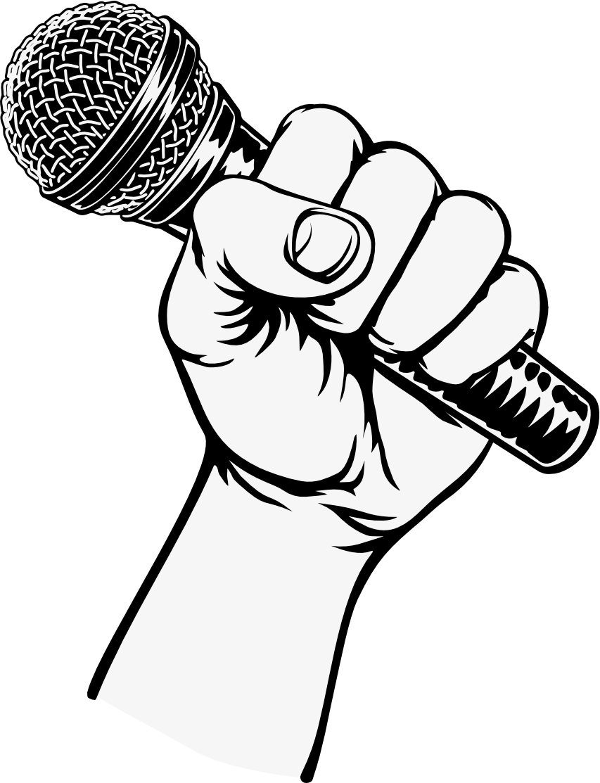 An illustrated fist grasps a vocal microphone